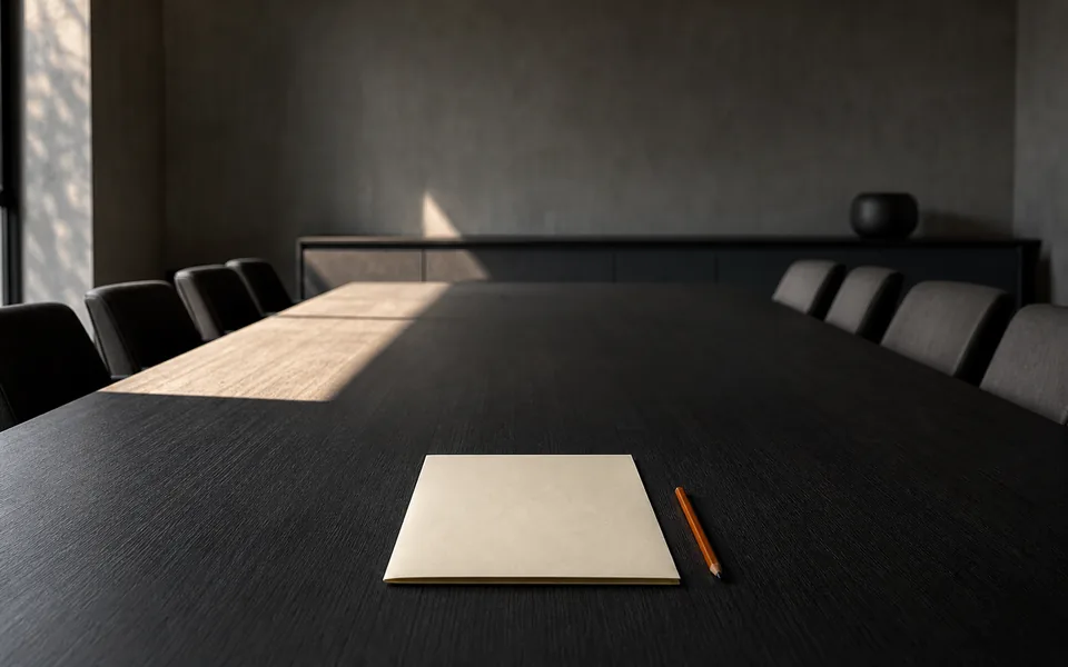 A blank brief and pencil on a dark conference table in a beam of warm afternoon light